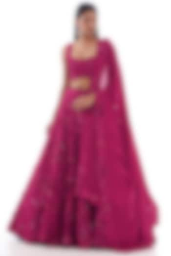 Fuchsia Organza Embroidered lehenga Set by Mishru