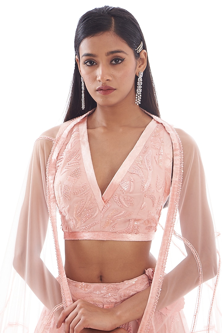Pink Organza & Velvet Embroidered Bridal Lehenga Set by Mishru at Pernia's Pop Up Shop