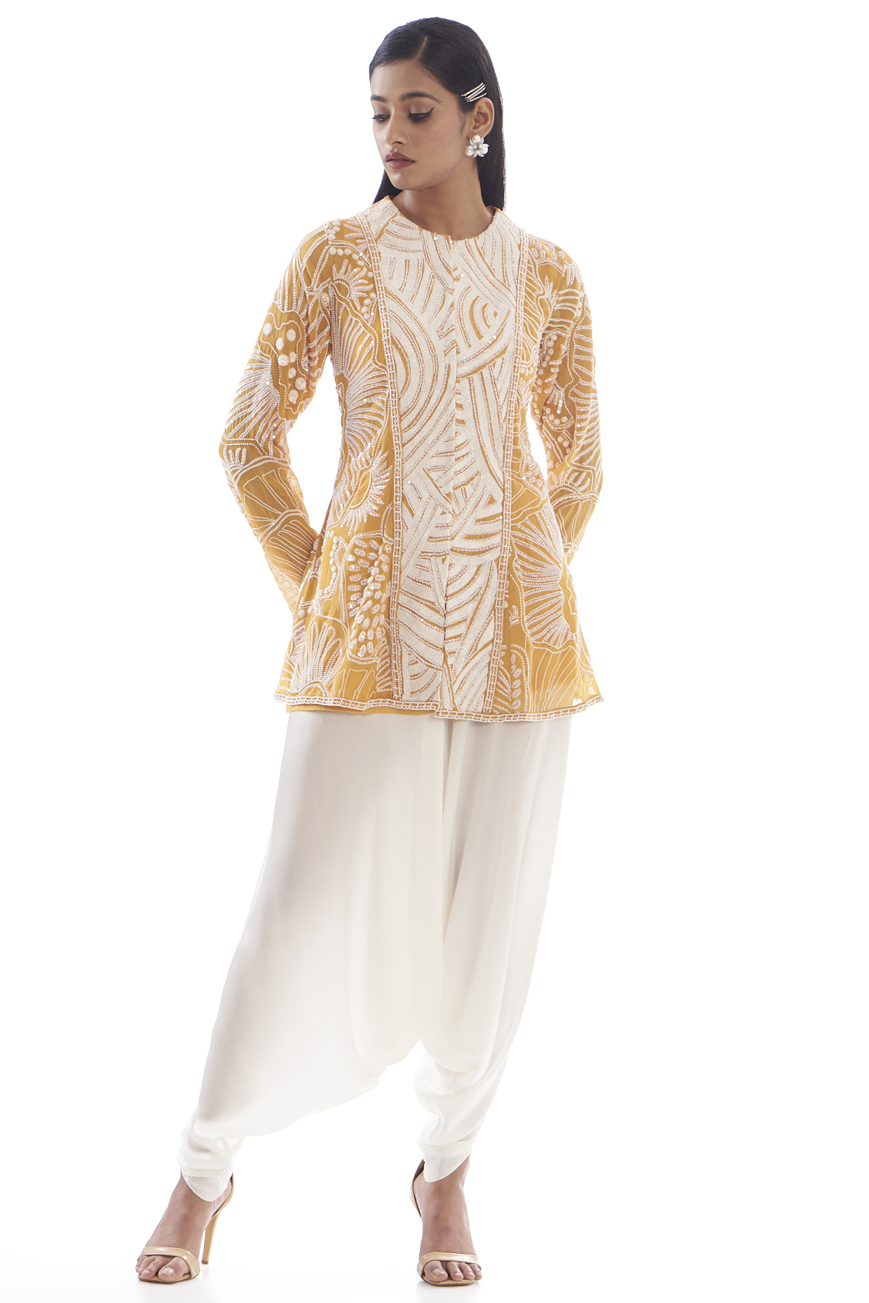 Yellow Georgette & Satin Embroidered Jacket Set by Mishru at Pernia's Pop Up Shop
