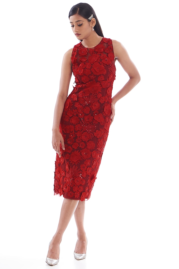 Red Tulle Embroidered Dress by Mishru