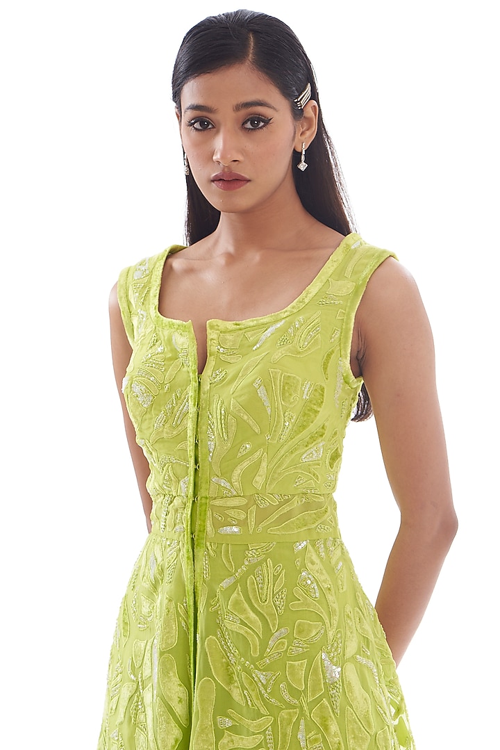 Green Organza Embroidered Jacket Set by Mishru at Pernia's Pop Up Shop