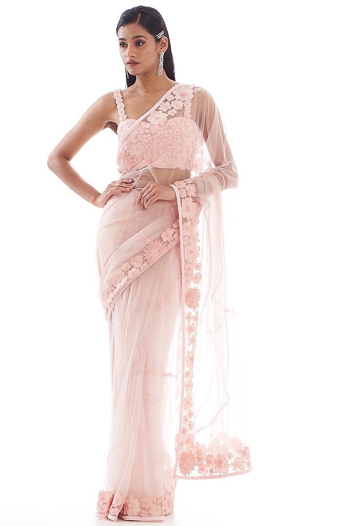 Light Pink Tulle Embroidered Saree Set by Mishru
