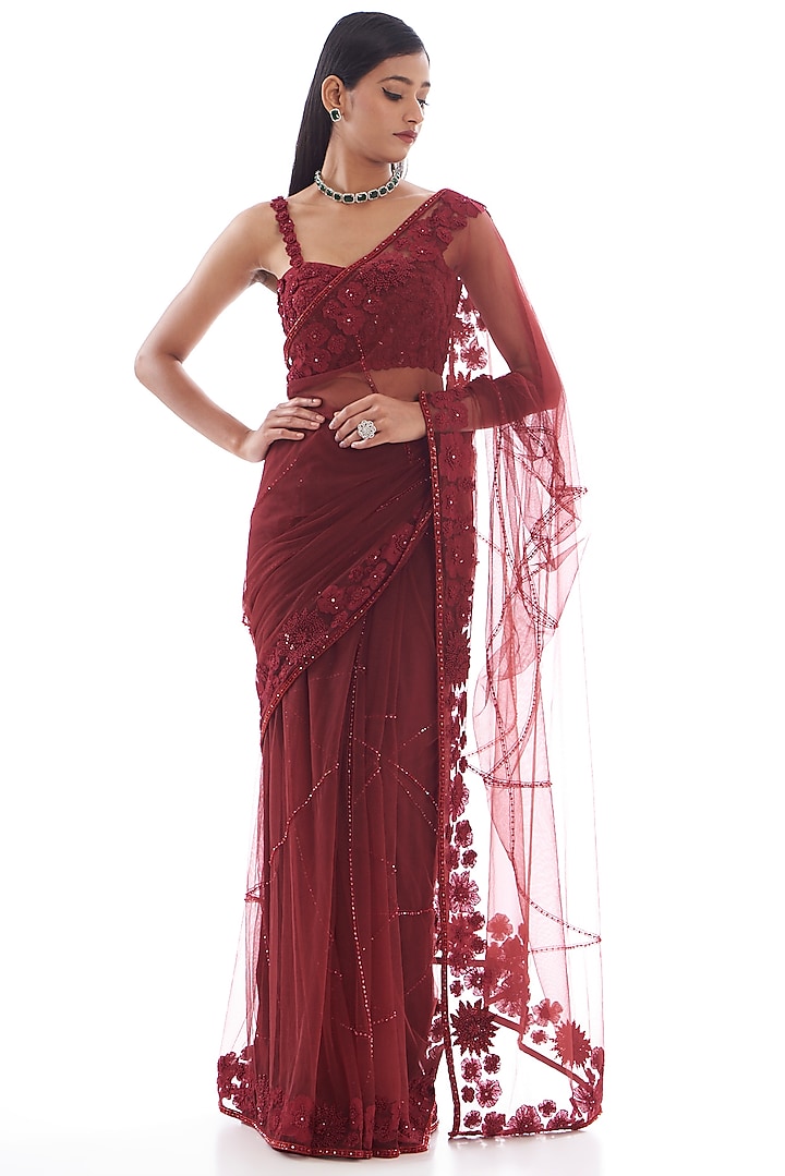 Red Tulle Embroidered Saree Set by Mishru