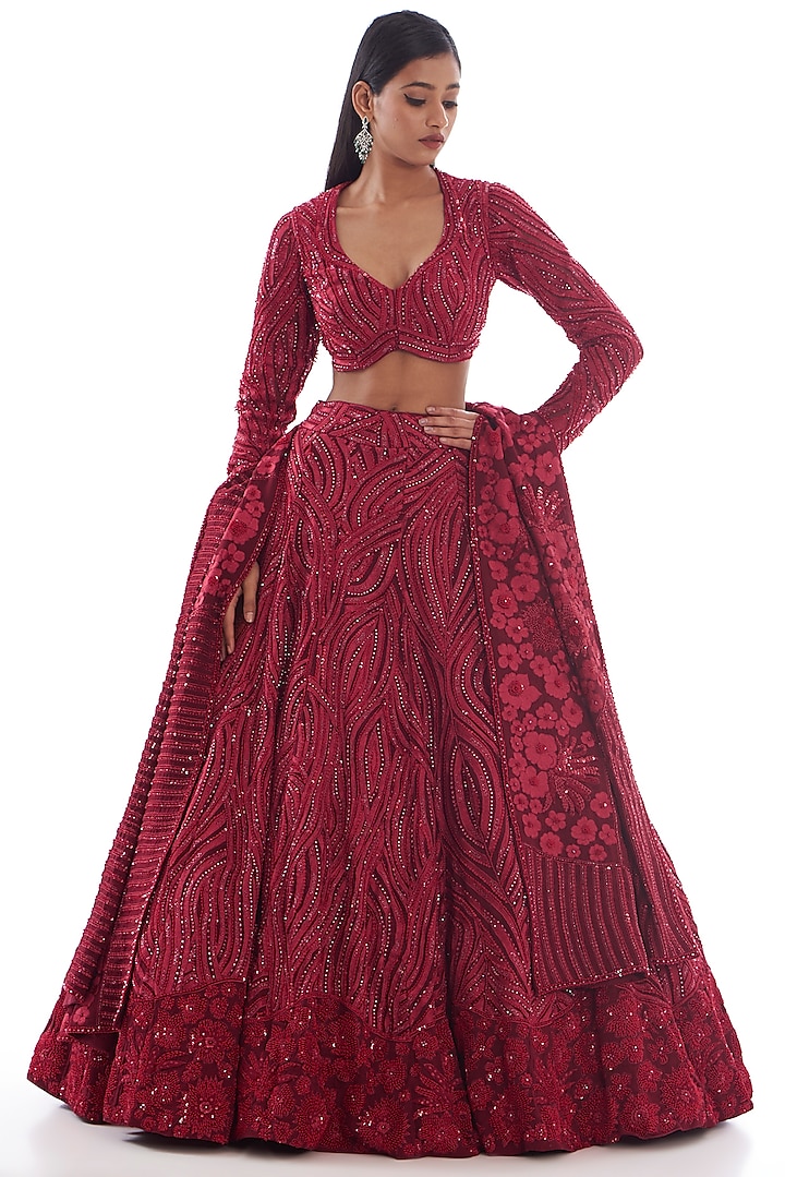 Red Organza Embroidered Lehenga Set by Mishru