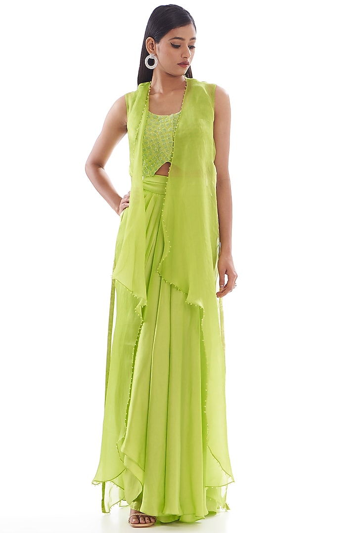 Green Organza & Satin Draped Skirt Set by Mishru