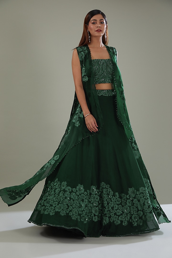 Green Organza Hand Embroidered Jacket Bridal Lehenga Set by Mishru at Pernia's Pop Up Shop