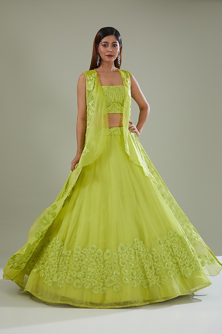 Green Organza Hand Embroidered Jacket Lehenga Set by Mishru