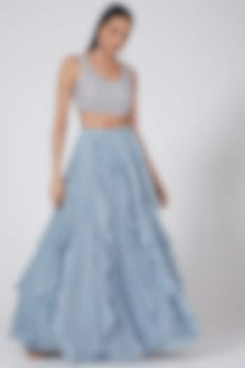 Sky Blue Embroidered Waterfall Skirt Set by Mishru at Pernia's Pop Up Shop