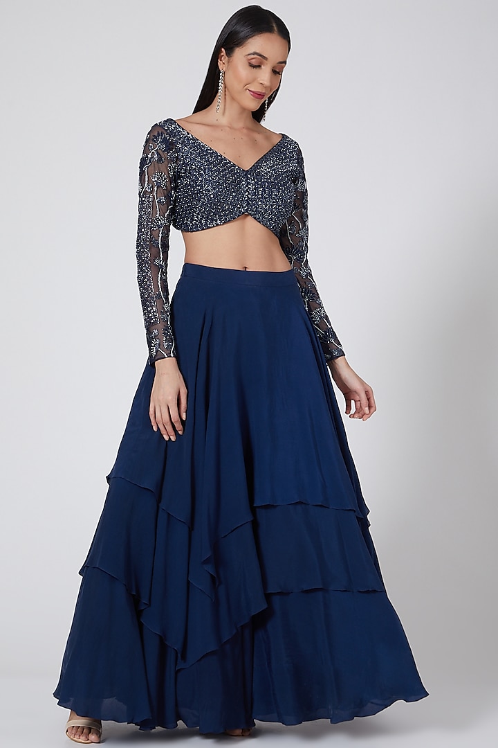 Navy Blue Embroidered Skirt Set by Mishru