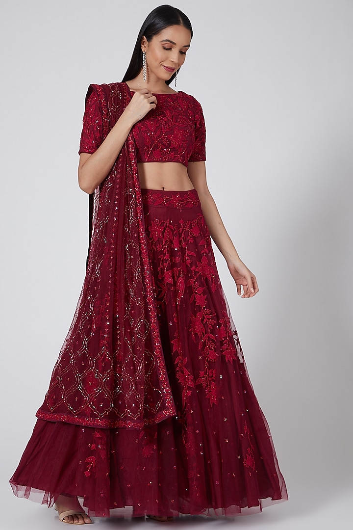 Maroon Embroidered Lehenga Set by Mishru