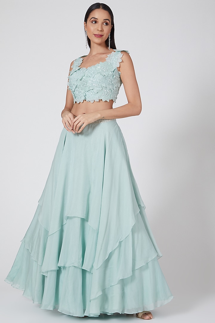 Mint Green Embroidered Layered Skirt Set by Mishru