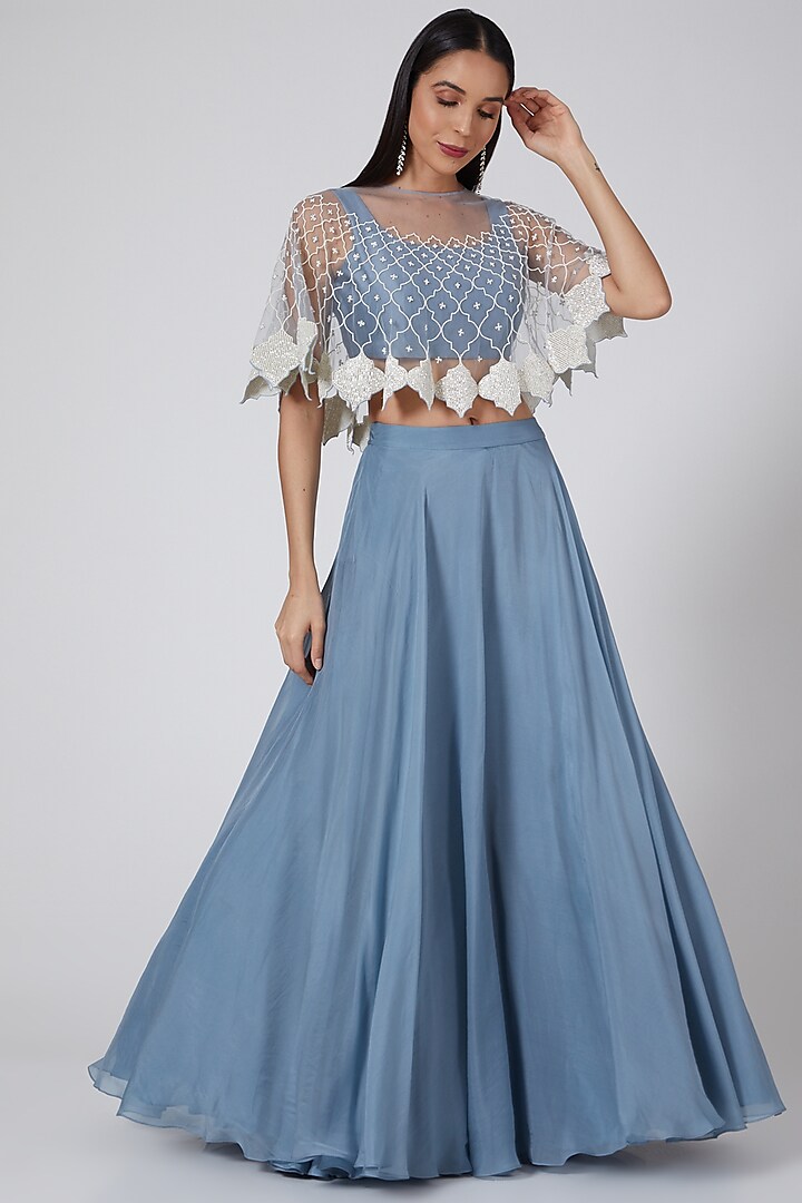 Sky Blue Embroidered Skirt Set by Mishru