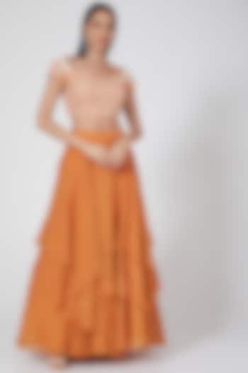Orange Embroidered Layered Skirt Set by Mishru