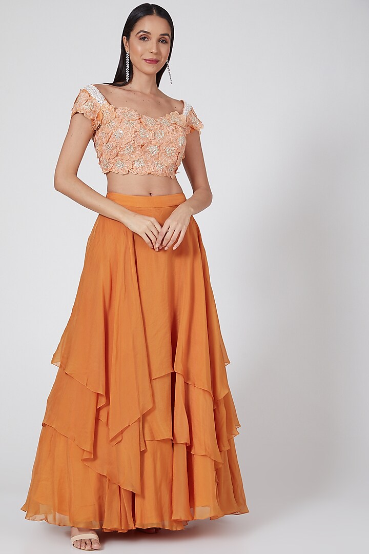 Orange Embroidered Layered Skirt Set by Mishru
