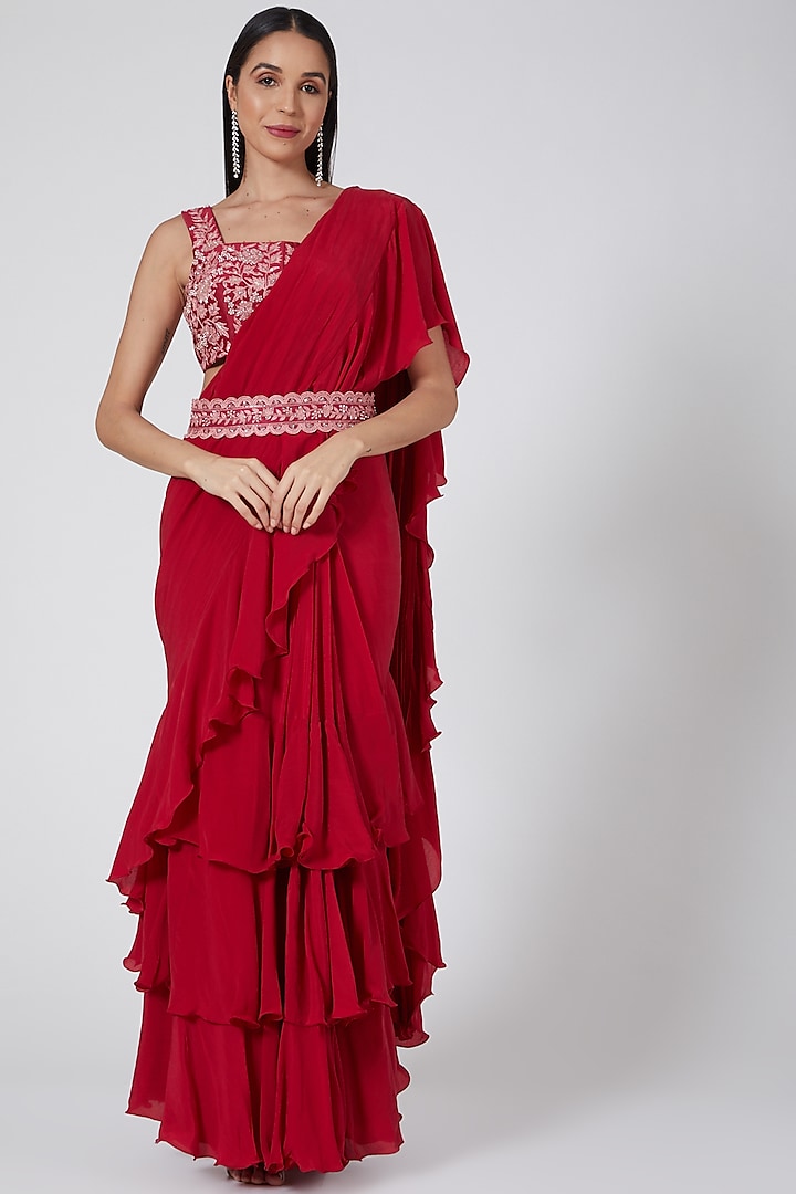 Red Embroidered Saree Set by Mishru