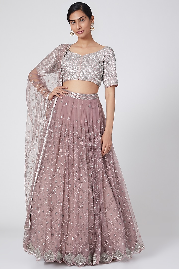 Muted Pink Embroidered Lehenga Set by Mishru