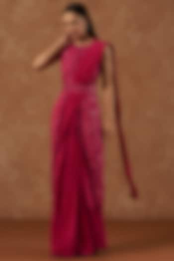 Candy Pink Natural Crepe Embroidered Pre-Draped Jacket Reception Saree Set by Mishru at Pernia's Pop Up Shop