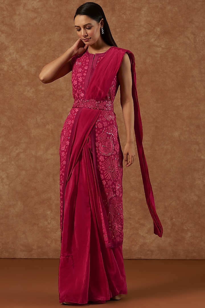 Candy Pink Natural Crepe Embroidered Pre-Draped Jacket Reception Saree Set by Mishru at Pernia's Pop Up Shop