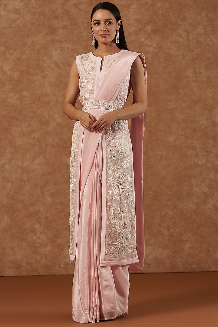 Blush Pink Pre-Draped Saree Set With Jacket by Mishru