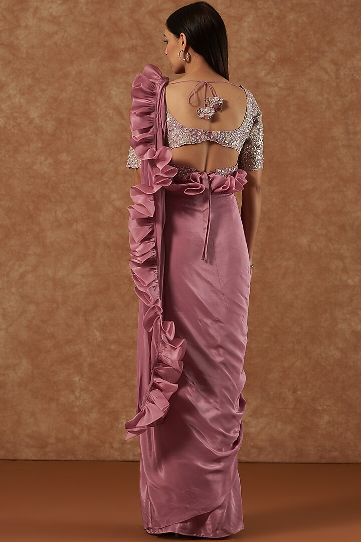 Mauve Natural Crepe & Chanderi Pre-Draped Bridal Saree Set by Mishru at Pernia's Pop Up Shop