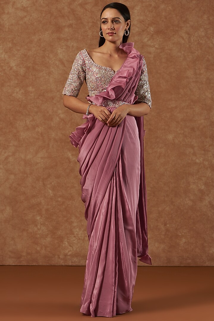 Mauve Natural Crepe & Chanderi Pre-Draped Bridal Saree Set by Mishru at Pernia's Pop Up Shop