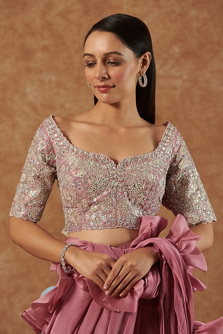 Mauve Natural Crepe & Chanderi Pre-Draped Bridal Saree Set by Mishru at Pernia's Pop Up Shop