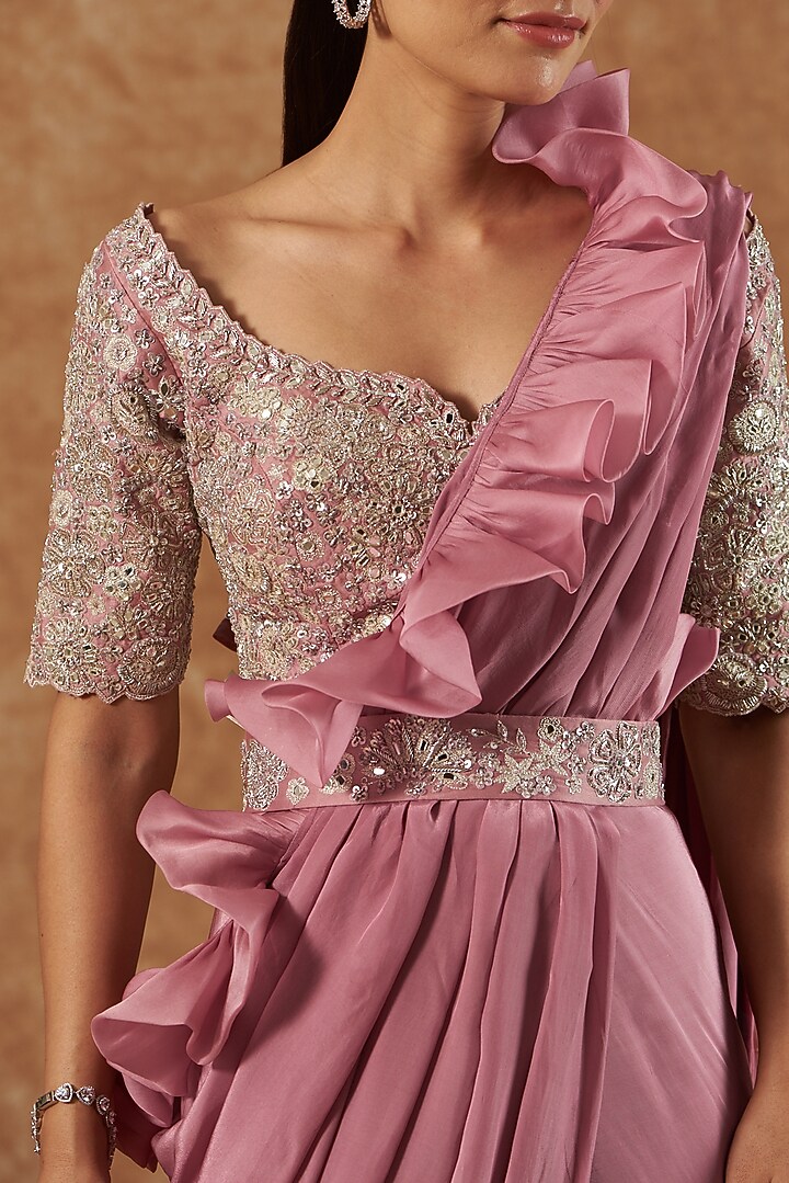 Mauve Natural Crepe & Chanderi Pre-Draped Bridal Saree Set by Mishru at Pernia's Pop Up Shop