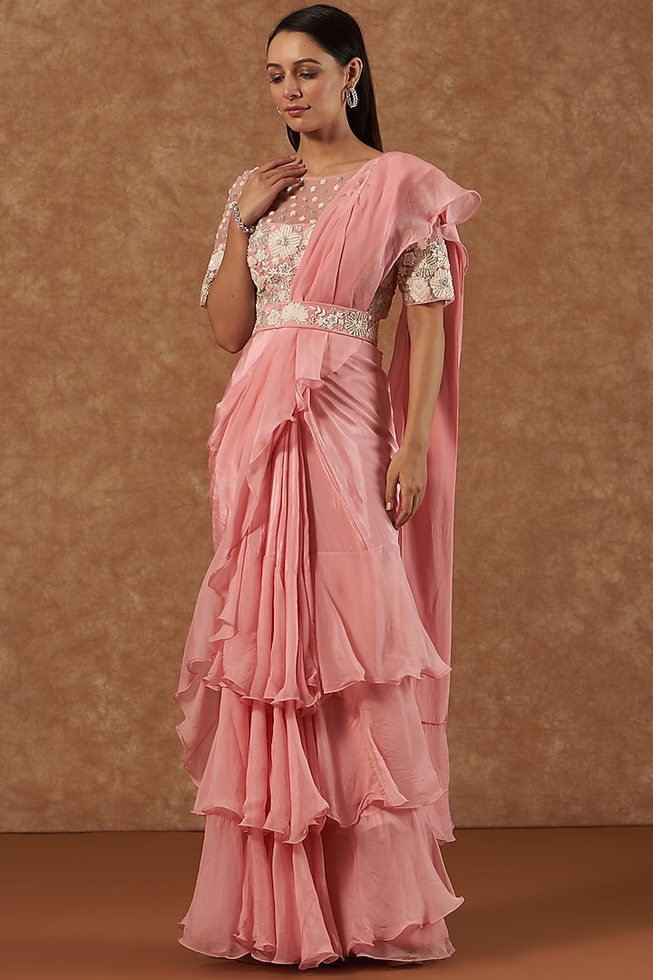 Blush Peach Ruffled Pre-Draped Saree Set by Mishru