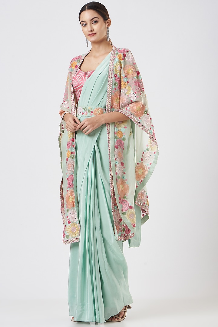 Mint Green Crepe Pre-Draped Saree by Mishru at Pernia's Pop Up Shop