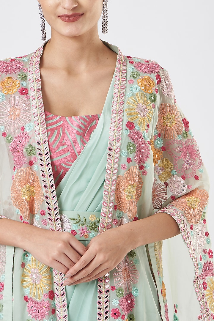 Mint Green Crepe Pre-Draped Wedding Saree by Mishru at Pernia's Pop Up Shop