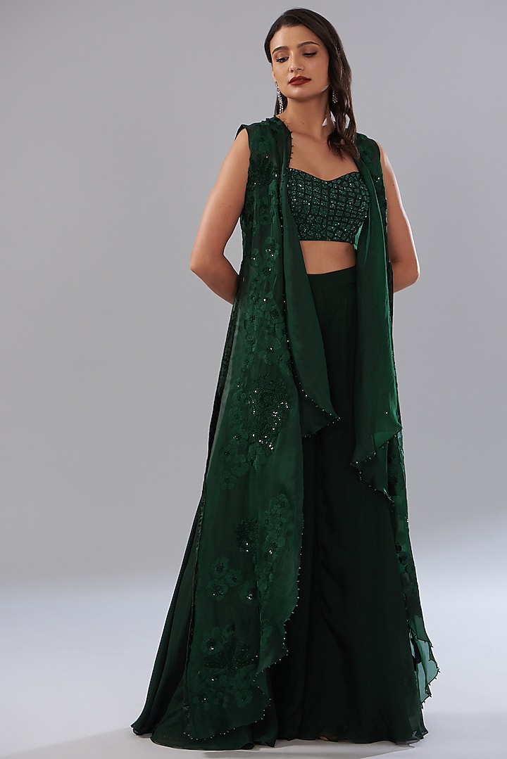 Green Organza & Chanderi Embroidered Jacket Set by Mishru at Pernia's Pop Up Shop