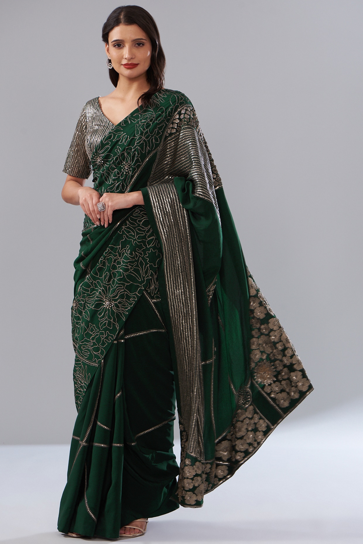 Dark Green Saree in Soft Silk - Clothsvilla