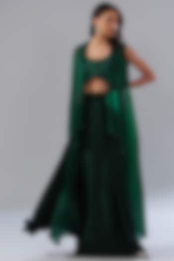 Green Organza & Chanderi Draped Skirt Set by Mishru