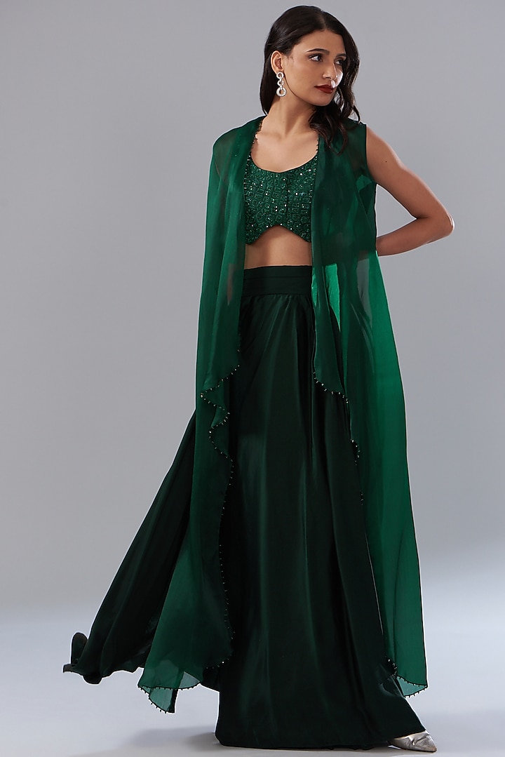 Green Organza & Chanderi Draped Skirt Set by Mishru