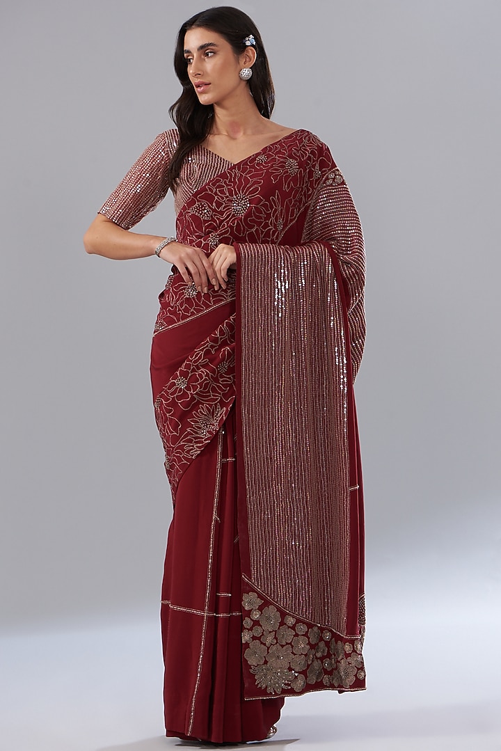 Red Crepe & Tulle Embroidered Saree Set by Mishru