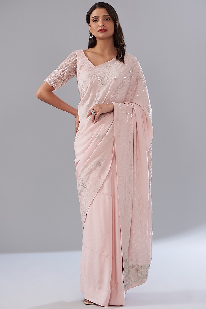Pink Crepe & Tulle Embroidered Saree Set by Mishru