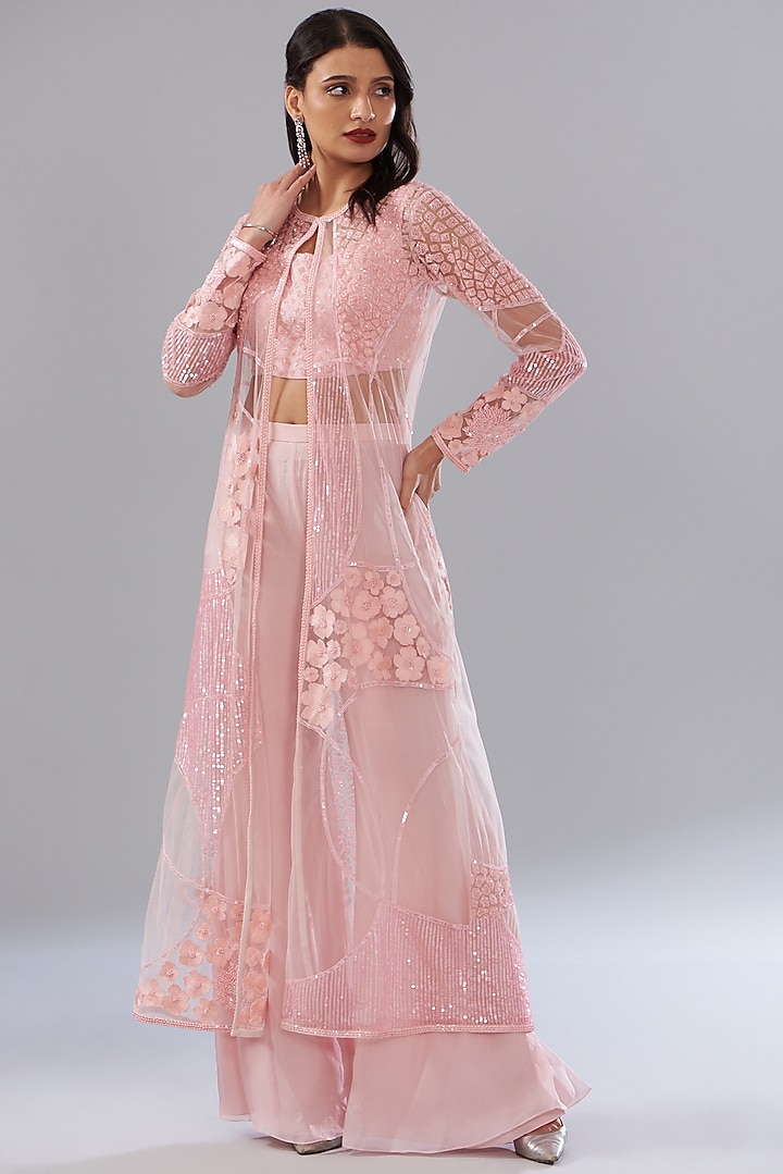 Pink Tulle & Organza Embroidered Jacket Set by Mishru