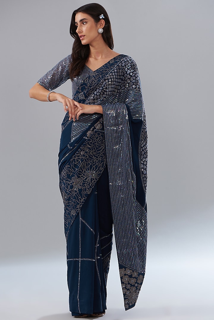 Blue Crepe & Tulle Embroidered Saree Set by Mishru