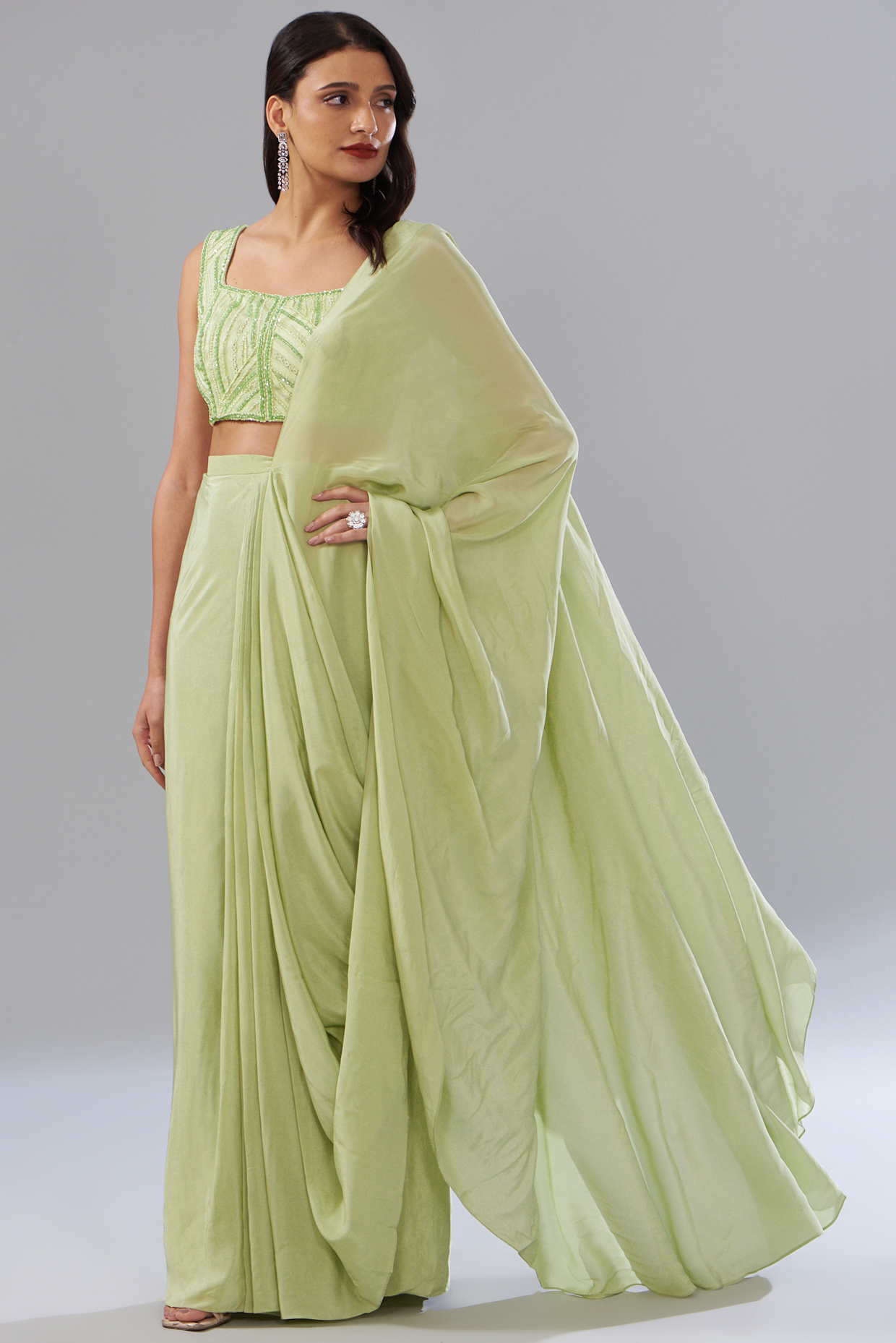 Green Crepe Cowl Draped Reception Saree Set by Mishru at Pernia's Pop Up Shop