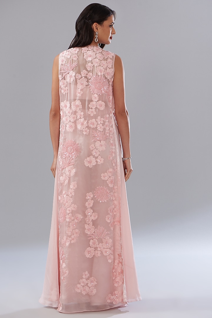 Pink Chanderi Embroidered Jacket Set by Mishru at Pernia's Pop Up Shop