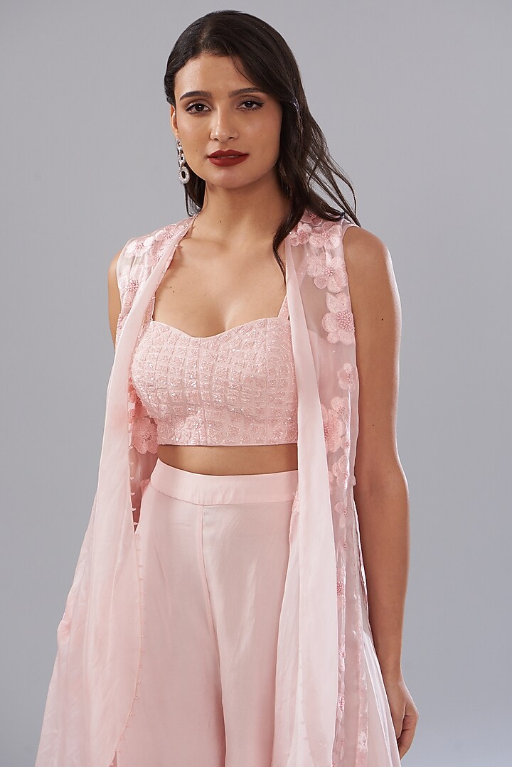 Pink Chanderi Embroidered Jacket Set by Mishru at Pernia's Pop Up Shop