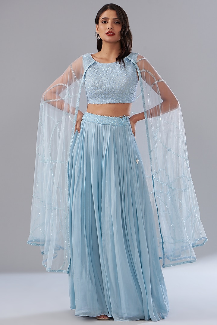 Blue Georgette Pleated Skirt Set by Mishru