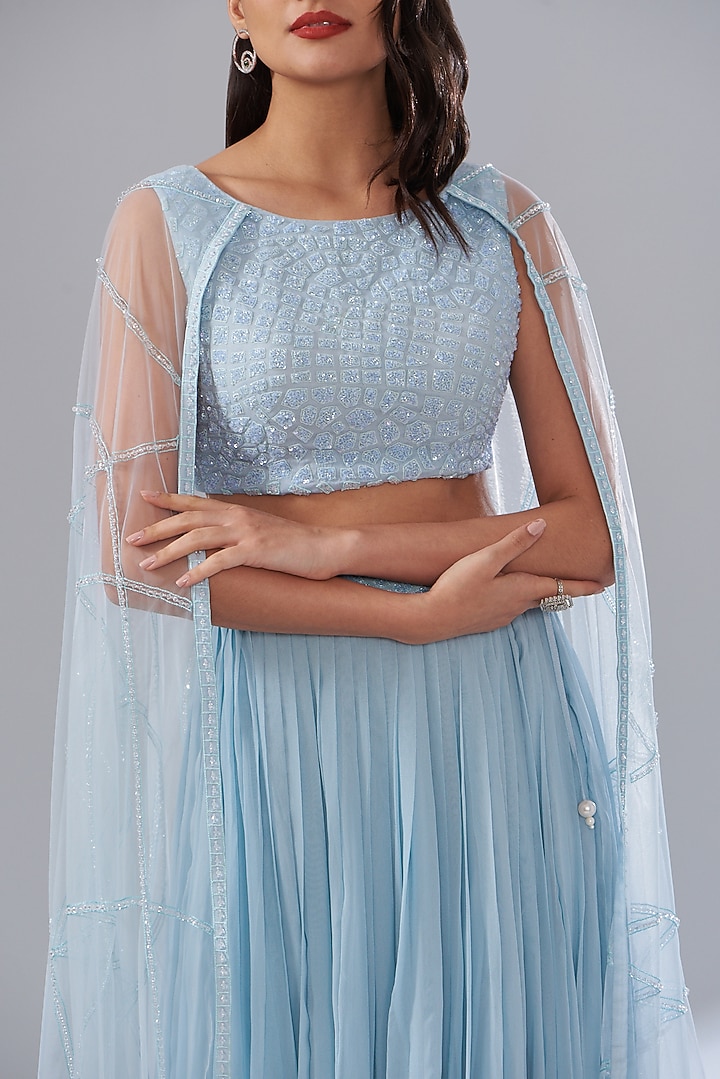 Blue Georgette Pleated Skirt Set by Mishru at Pernia's Pop Up Shop
