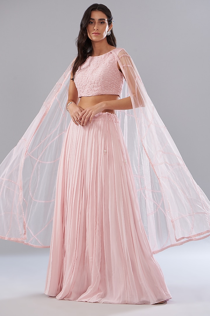 Pink Georgette Pleated Skirt Set by Mishru