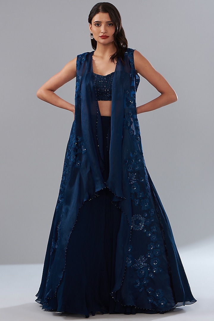 Blue Chanderi Embroidered Jacket Set by Mishru at Pernia's Pop Up Shop