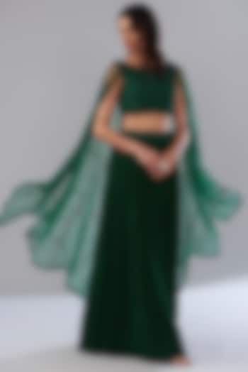 Green Georgette Pleated Skirt Set by Mishru