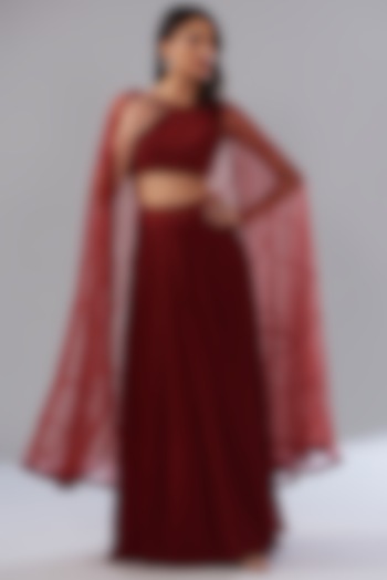 Red Georgette Pleated Skirt Set by Mishru