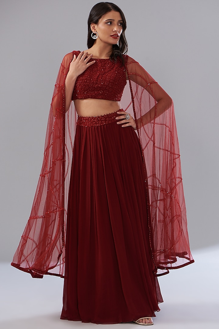 Red Georgette Pleated Skirt Set by Mishru
