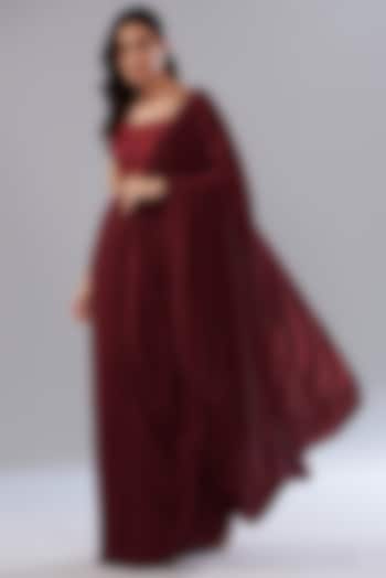 Red Crepe Cowl Draped Reception Saree Set by Mishru at Pernia's Pop Up Shop