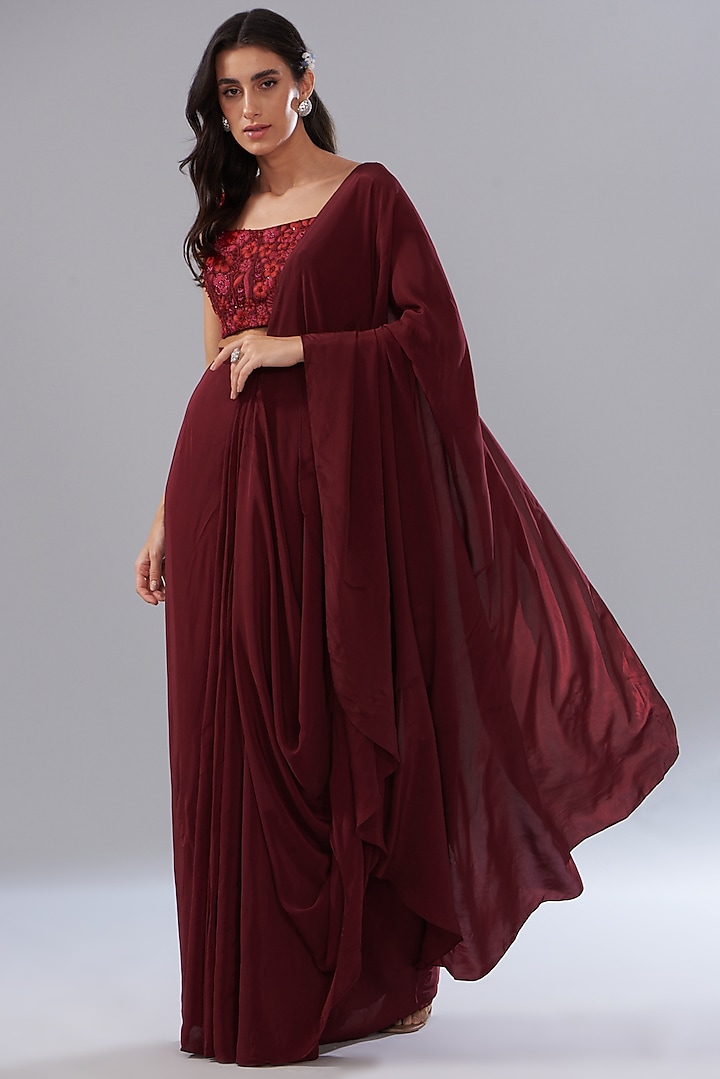 Red Crepe Cowl Draped Reception Saree Set by Mishru at Pernia's Pop Up Shop